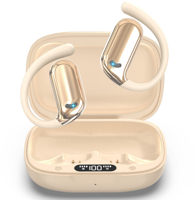 THOUSTA 오픈형 귀걸이형 이어폰 무선 블루투스5.4 고음질 노이즈 캔슬링 공기전도 이어셋, 베이지