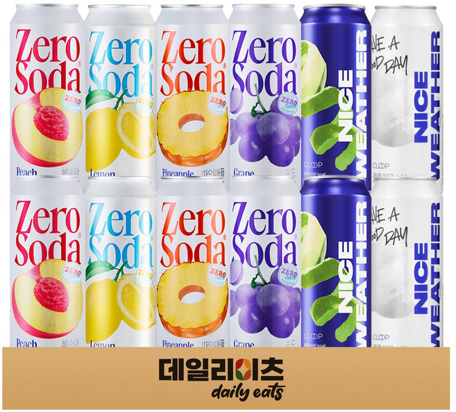 클룹 제로소다 뚱캔 6종류 2캔씩 12캔 기획세트 (복숭아2 레몬2 파인애플2 포도2 청사과2 소다2), 1세트, 500ml