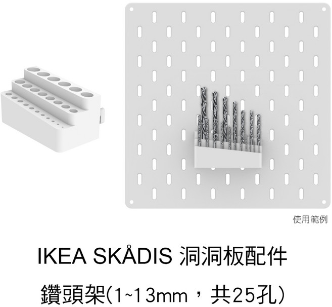 沄造 IKEA SKÅDIS 洞洞板配件 鑽頭架, 1個, 鑽頭架(1~13mm，共25孔),白