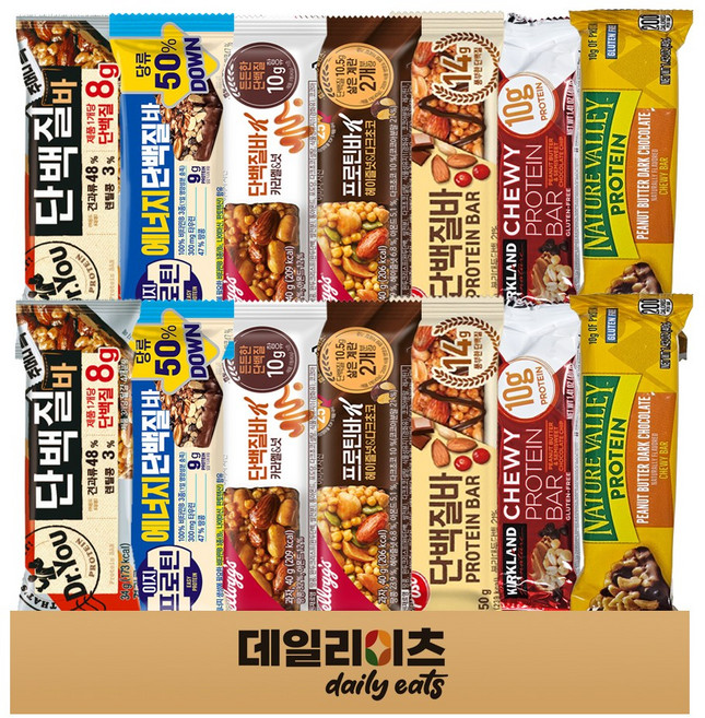 [데일리이츠] 프로틴 단백질바 7종류 2개씩 14개 (닥터유단백질바 포스트단백질바 켈로그카라멜&넛 캘로그헤이즐넛&다크초코 초단백질바 커클랜드츄이프로틴바 네이처벨리프로틴바피넛버터), 2세트, 40g