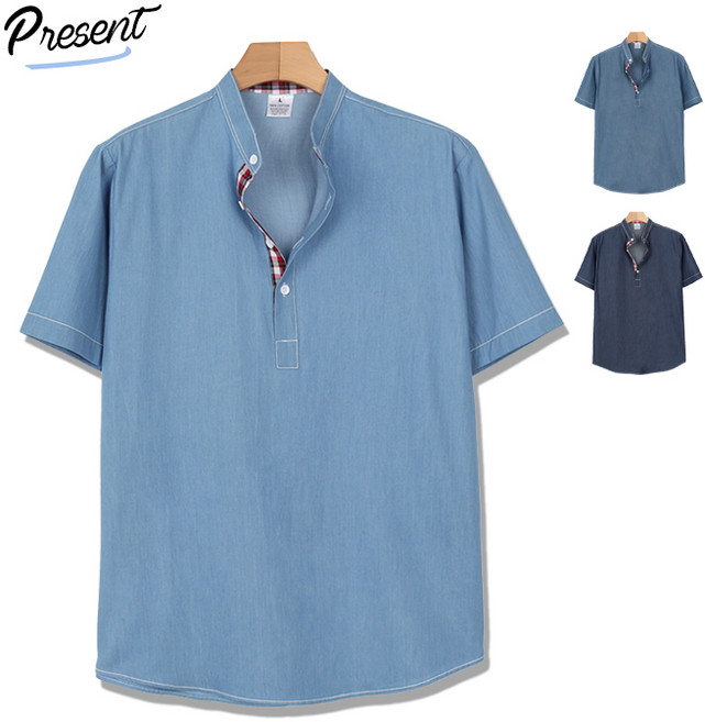오마보이 남성용 데님 헨리넥 반팔 셔츠