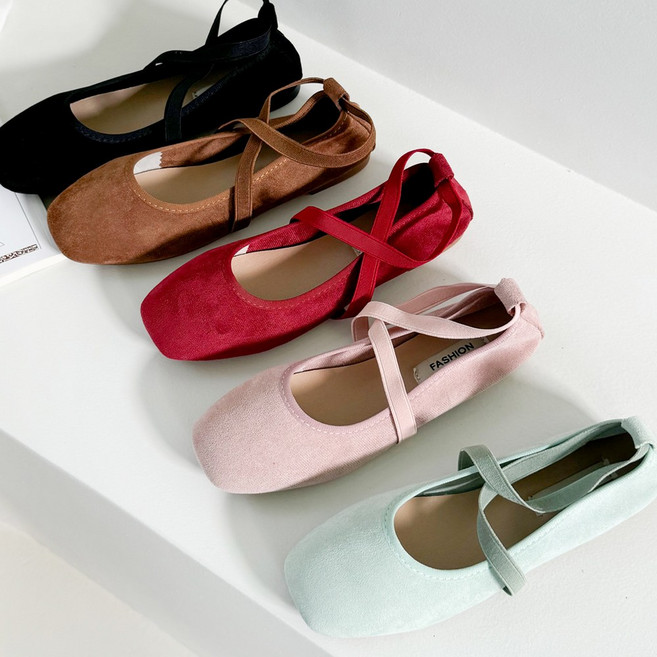 말랑 스웨이드 엑스스트랩 발레리나 뮤트 밴딩 여성플랫슈즈 여성단화 1.5cm (5color)
