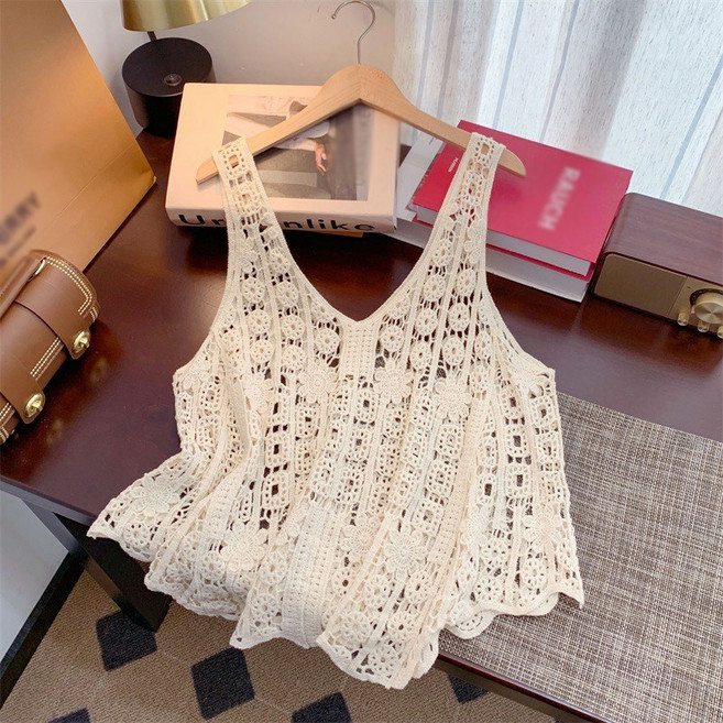 여성 여름 레이스 니트 조끼 루즈핏 펀칭 크로쉐 니트 베스트