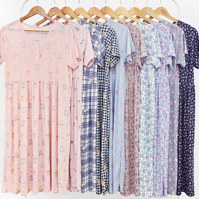 여성 반팔 원피스 잠옷 체크 플라워 파자마 빅사이즈 실내복