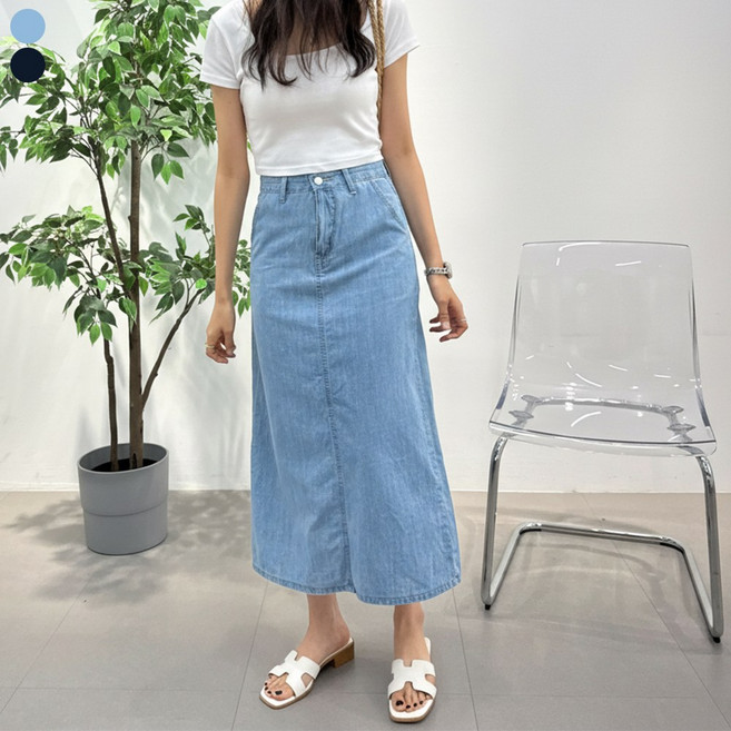 블레스유 여성 봄 롱스커트 데님스커트 A라인 치마 뒷트임 맥시스커트