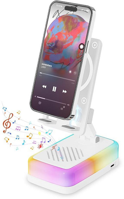 무선 인덕션 블루투스 스피커 360° 회전 휴대폰 스탠드 3000mAh 대형 배터리 5 in 1 휴대용 홀더 RGB 조명 및 비상 충전기 포함 남성 여성을 위한 기술, 무선 인덕션 스피커 5-in-1 블루투스 스피커, 5개
