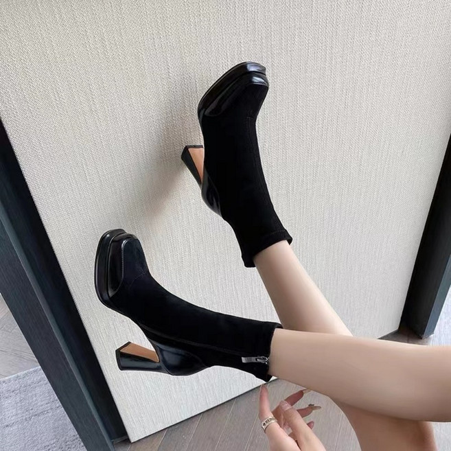 ZAJA 여성 지퍼 하이힐 겨울 하이힐 부츠 스퀘어 앵클부츠 10CM