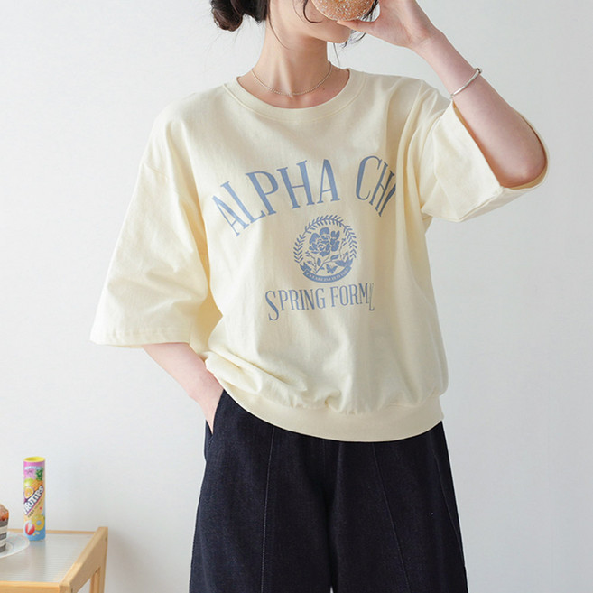 데일리앤 프닌 여성 여름 7부 티셔츠 맨투맨 프린팅 빈티지 꽃 레터링 데일리