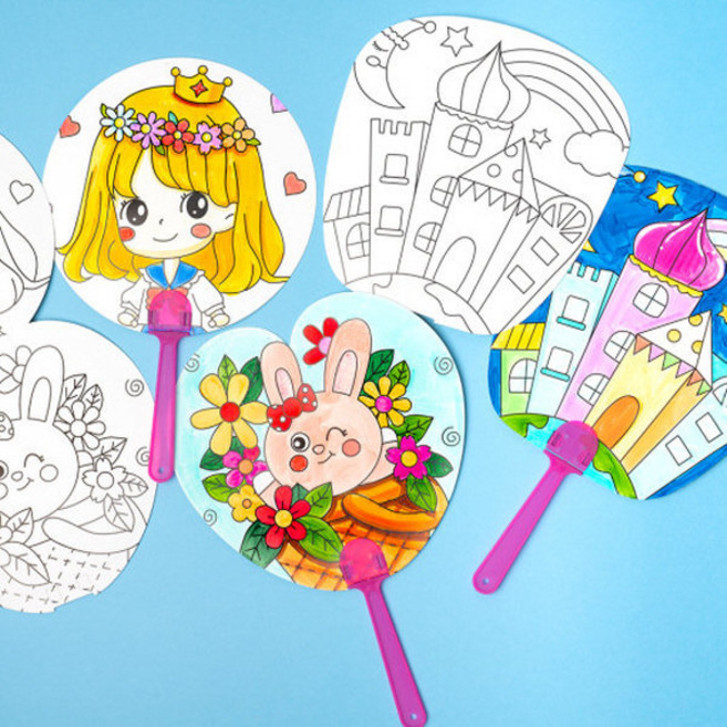 여름 종이 도안 부채 만들기 10개입 1세트 / 색칠, 딸기집