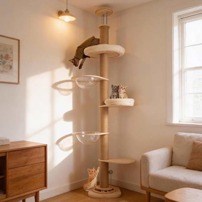 MILA&LOUIS 대형 원목 냥이 놀이터 고양이 집사 장난감 캣폴 다기능 고양이 캣타워 클라이밍 놀이터 (우주 매트+깃털장난감 증정), 1개, TTC-01