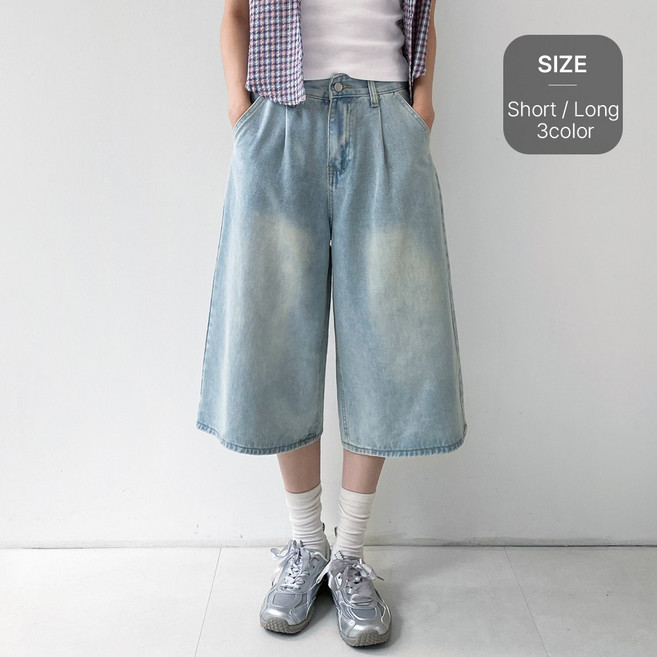 잇진 여성 와이드 5부 버뮤다 핀턱 워싱 데님 팬츠 청반바지