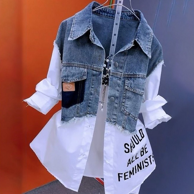 ROYALBELLE 여성 데님배색 캐주얼 레터링 포인트 루즈핏 남방 긴팔 셔츠 자켓 D0080607