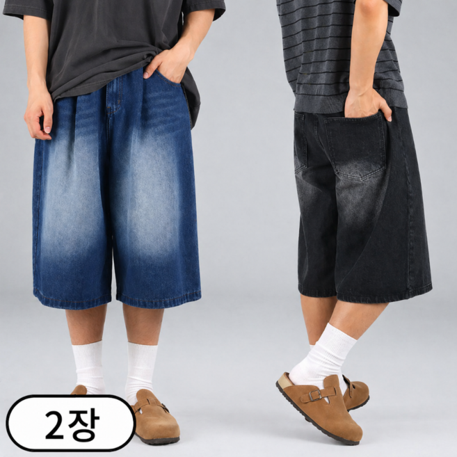[1+1] 남녀공용 앞 핀턱 워싱 와이드 버뮤다 데님 팬츠 반바지 빅사이즈 (6622-2)