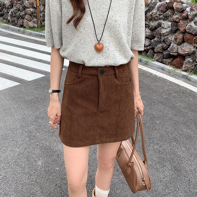 여성 봄 빈티지 코듀로이 미니스커트 기본 캐주얼 A라인 스커트