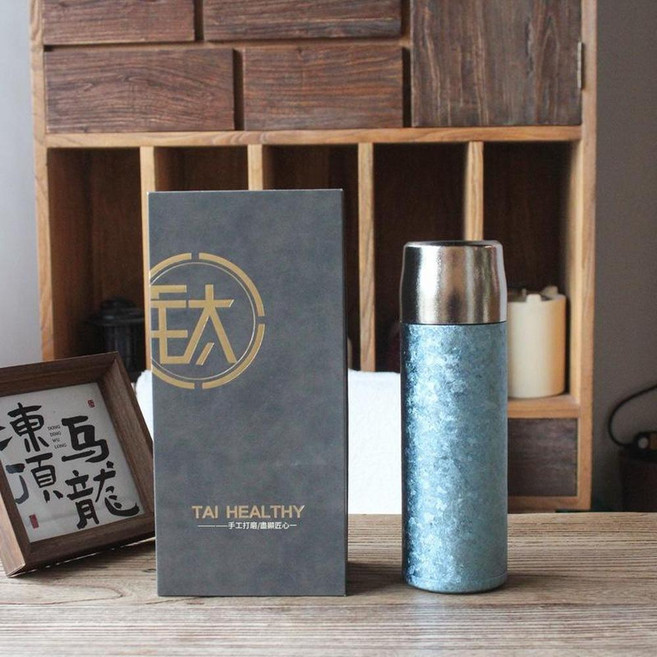 新款磁吸純鈦保溫杯雙層茶杯, 冰川藍 經典禮盒 手提袋 500ml, 1個, 420ml