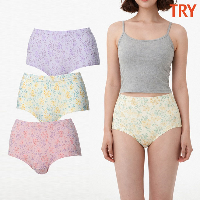 트라이 할머니팬티 엄마팬티 삼각 면100 순면 은나노 꽃무늬 맥시 3종 세트