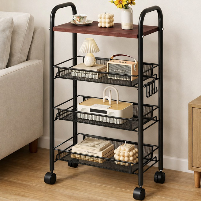 라온프리 다용도 이동식 틈새수납장, 4단, 월넛