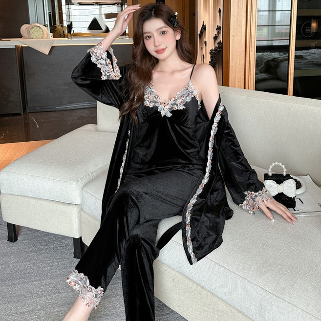 오색 레이스 장식 벨벳 운 쓰리피스 실내복 세트 소매 가운가