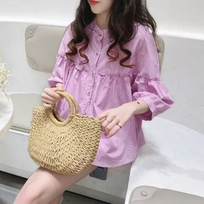 유니픽 여성 봄여름 순면 루즈핏 V넥 반팔 블라우스 레이스 장식wbr