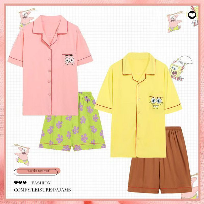 ZCBV 사랑스러운 캐릭터 만화 스펀지 밥 뚱이 커플 순면 파자마 여름 반팔 반바지 상하세트 잠옷 홈웨어ZHANG414