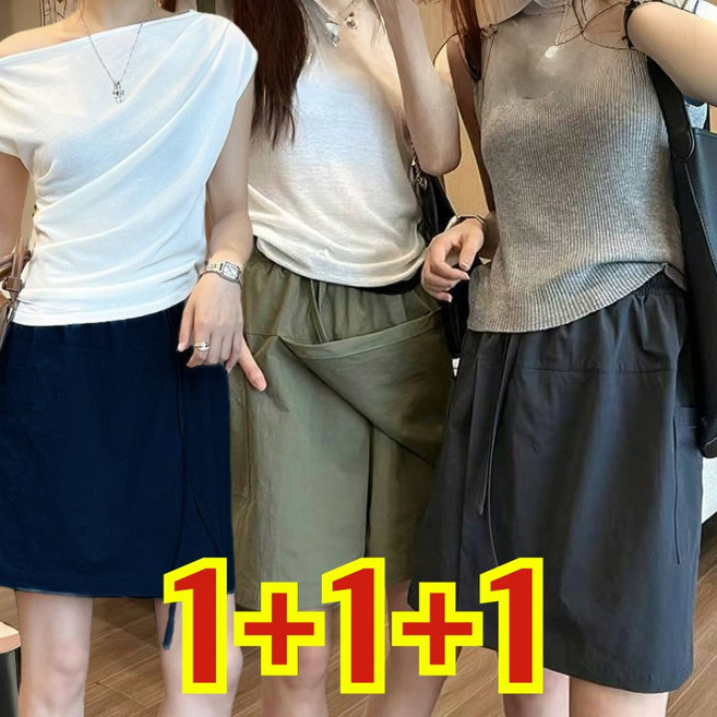 (25년 신상) 100kg까지 빅사이즈 1+1+1 여성 자외선 차단 하이웨이스트 날씬해보이는 랩치마바지 스커트 여름 편한 레이어드 비대칭 디자인 패션 와이드 밴딩 포켓 스커트