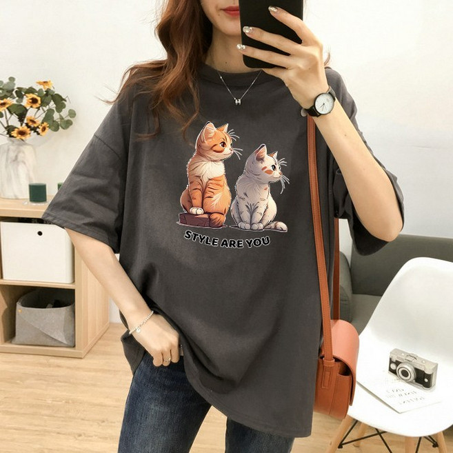 스타일아유 면100% 순면 귀여운 고양이 프린트 여름용 오버핏 반팔 티셔츠 원작 빅사이즈 루즈핏 반팔티 롱티 자체제작