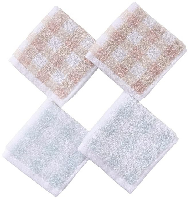 Alutaio 손수건 타월 핸드타월 4매 세트 약 20×20cm 면 100% 푹신푹신 부드럽다 타월 소재 심플 면 소형 여성용 남성용 비즈니스 고흡수 내구성 컴팩트 (체크 4매 세, 1