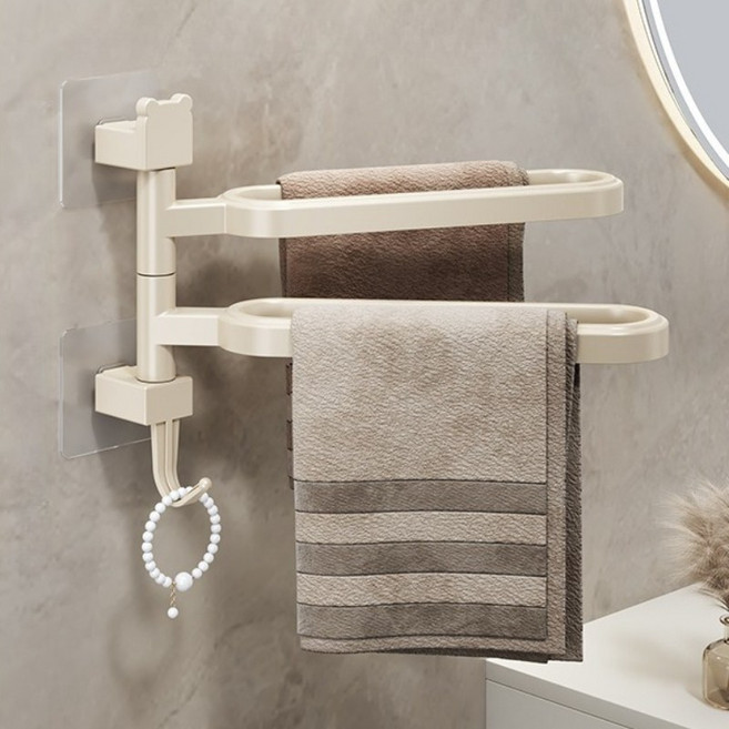 베베어스 무타공 180° 회전식 수건 걸이 화장실 욕실 주방 걸이 2단 3단 접이식 거치대, 2단 아이보리, 1개