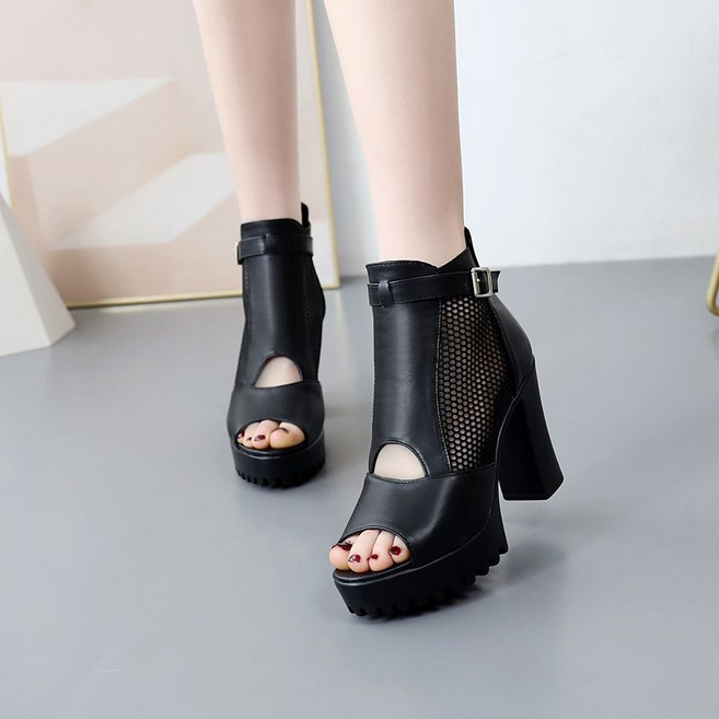 봄여름 리얼 가죽 망사 오픈토 힐 여성 샌들 통굽 힐 펀칭 로마 샌들