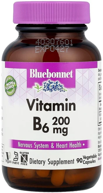 블루보넷 Bluebonnet 비타민B6 200mg 90베지캡슐 피리독신 HCI 염산염 스테아린산 스테아르산 마그네슘 스테아레트, 1개, 90정 - 쿠팡