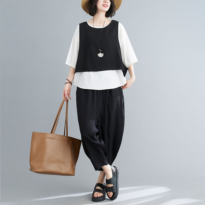 L-6XL 빅사이즈 여성 루즈핏 상하투피스 배색라인 반팔 셔츠 + 벌룬 무바지 캐주얼 날씬해보이는 똥똥한 여자 상하의세트