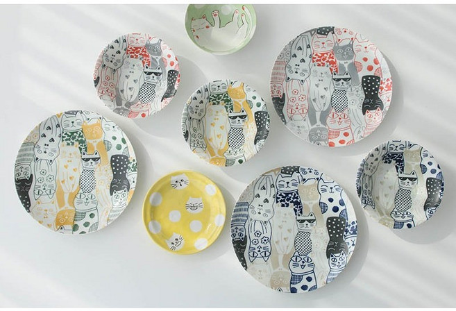 유포코리아 멋쟁이 고양이 시리즈 원접시 쿠프 도자기 식기 이자카야 덮밥 돈가스 일식 그릇, 1개, 원접시 레드