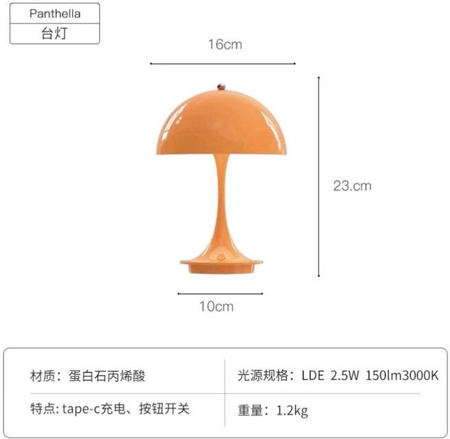 무선 충전식 포터블 버섯 조명 북유럽 감성 침실 인테 스탠드, 오렌지