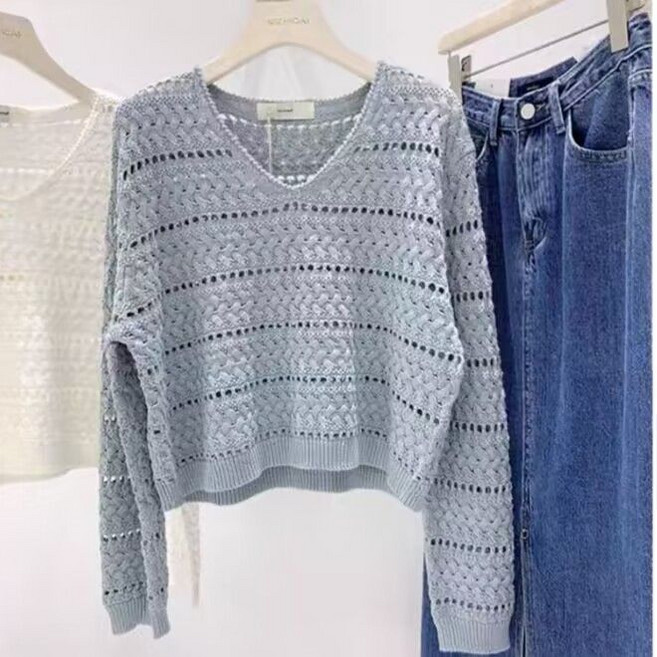 봄 가을 여성 펀칭 브이넥 니트티 빈티지 자외선 차단 긴팔 풀오버 티셔츠 쇼트 얇은 상의 SYW