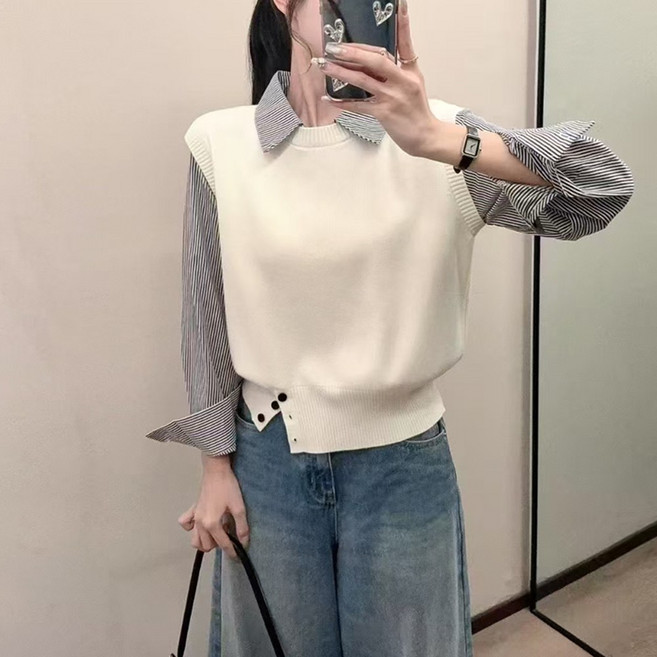 셔츠 + 배색 니트 조끼 레이어드룩 여성 남방 데일리