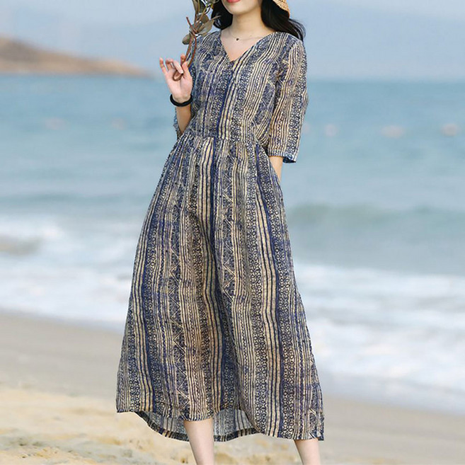 IWMAFT 여성 여름 린넨 원피스 패턴 중장기장 TY332