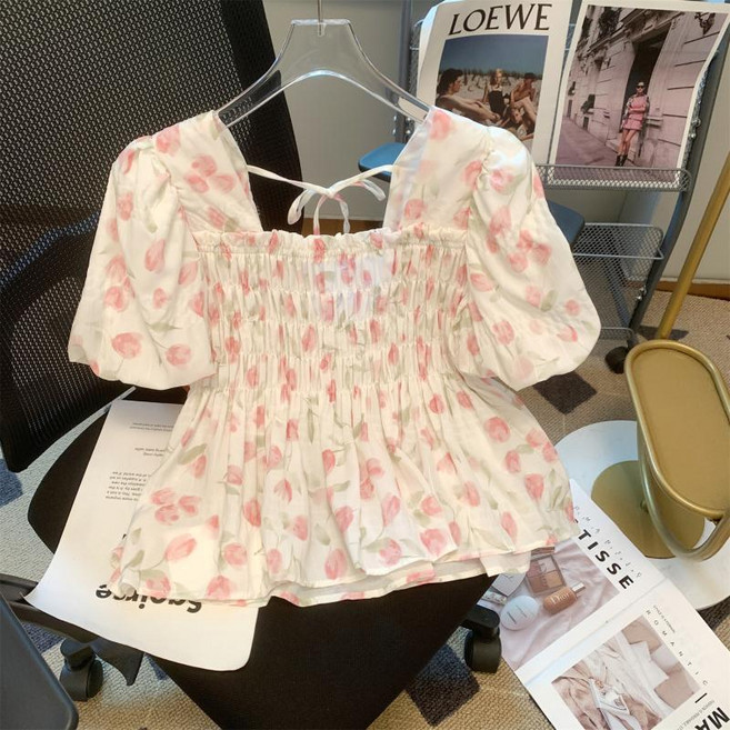 Toruva어린이 봄여름 꽃무늬 반팔 사각네크라인 블라우스 퍼프소매 조절끈14세 이상