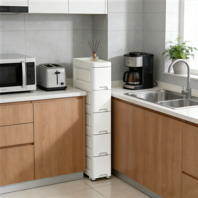 이동식 틈새수납장 다목적 좁은 공간 5단 서랍장 CCA203, 흰색