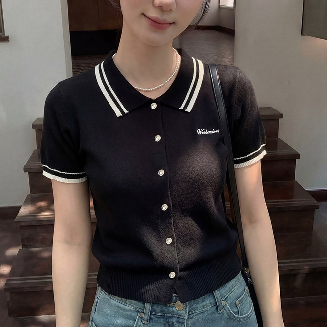 SOSISI 여성 반팔 니트 가디건 카라 여름 니트 티 46137