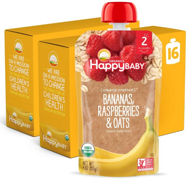 Happy Baby 해피베이비 이유식 파우치 2단계 바나나 라즈베리 오트밀 113g 16개, 1, 16