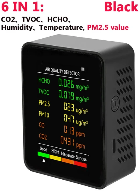 다기능 5in 1/6 1 CO2 미터 디지털 온도 습도 측정기 이산화탄소 TVOC HCHO 감지기 대기 질 모니터, 03 Type2 6 in 1 Black, 한개옵션1