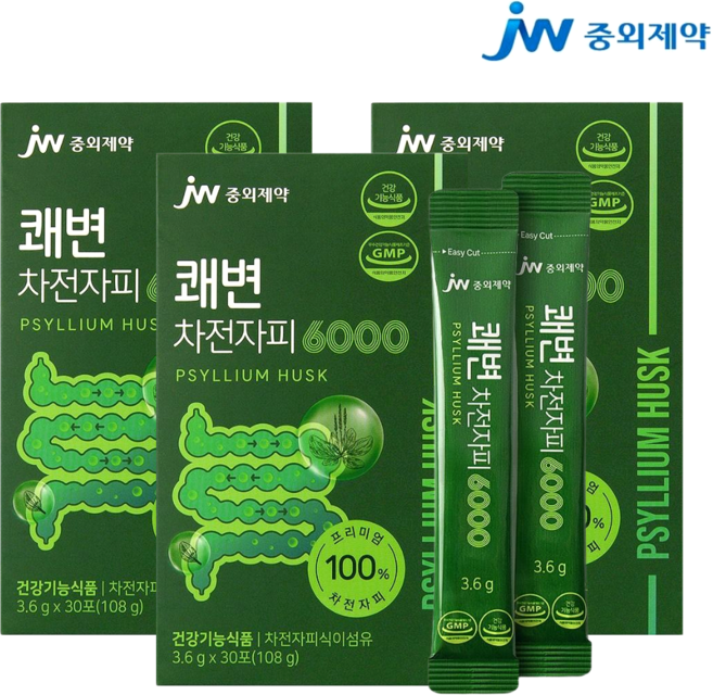 JW중외제약 바로 쾌변 차전자피(100%)환 6000 수용성 식이섬유 영양제 30포 효능, 108g, 3개