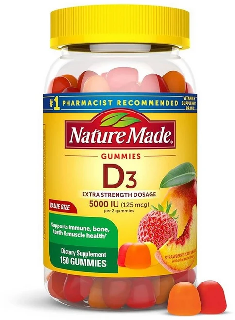 Nature Made 비타민 D3 1회 제공량당 5000 IU 젤리 엑스트라 스트렝스 뼈 및 면역 건강 지원 성인용 D 150개 75일 분량, Nature Made 비타민 D3 1회 제공량당 500, 1개, 150 - 쿠팡