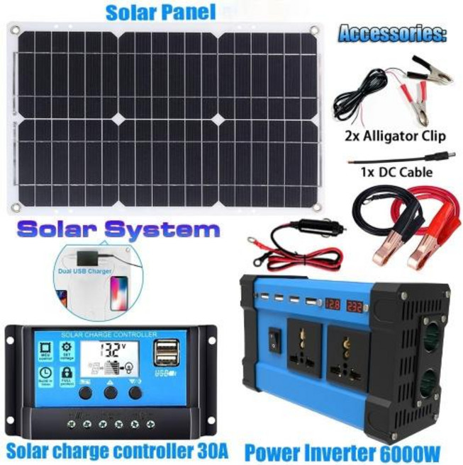 태양광 패널 고효율 솔라 발전 야외 캠핑 농업용 모듈 110V220V 6000W 인버터 시스템 태양 전지 12V 30A 컨트롤러 완전한 키트 충전기, KX blue 220v 6000W, 1개