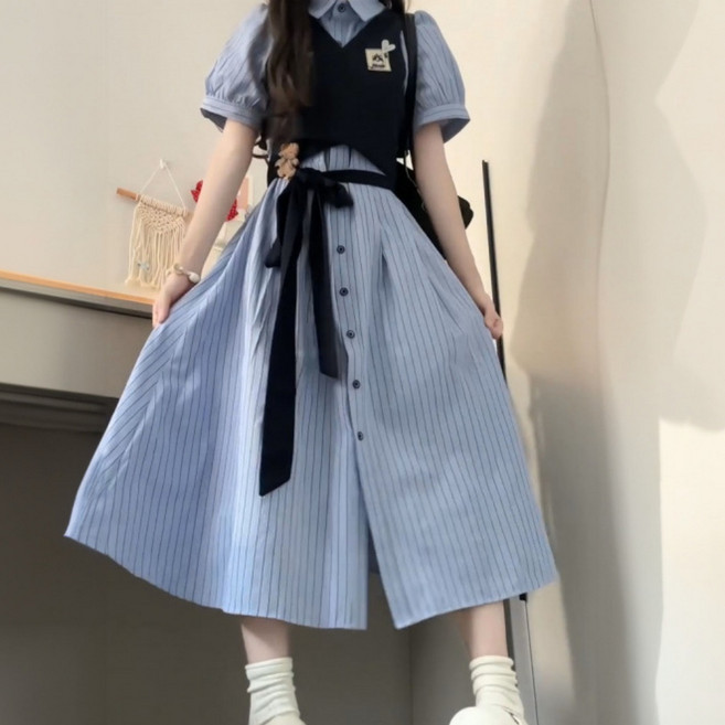 708090여름 스쿨 스트라이프 셔츠 투피스 원피스