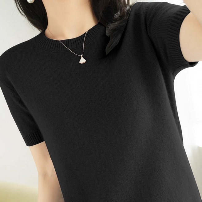 보슈 여성 베이직 라운드 반팔 니트 봄 기본 니트티