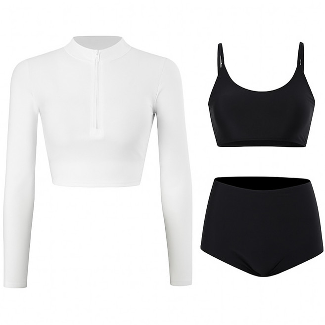 바닐라마카롱 반집업 쓰리피스 래쉬가드 세트 브라탑 팬츠 여성 긴팔 상의 레쉬가드 물놀이 휴양지 체형커버 수영복, R98667B, L, 화이트/블랙