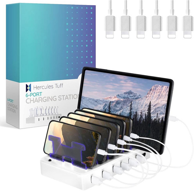 다중 장치용 충전 스테이션 Apple 및 Android용 6포트 USB 도크 휴대폰 태블릿 등을 위한 빠른 멀티차저 정리함 스마트 IC 기술이 탑재된 범용 데스크톱 허브, White