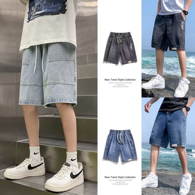 夏天牛仔短褲男 直筒水洗感 夏季薄款寬鬆百搭休閒