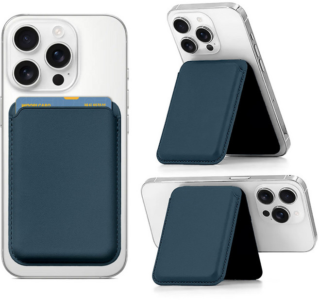 뷰씨 맥세이프 자력 2배 카드 3장 수납 가죽 카드지갑 거치대, 1개, 미드나잇블루